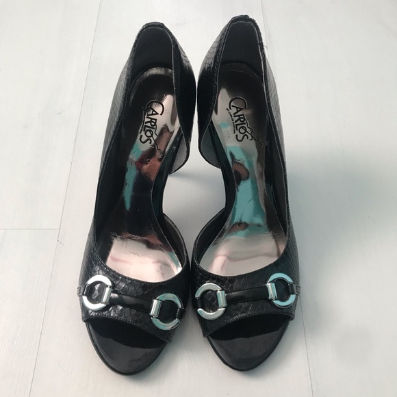 Carlos Santana | Black Snake Print Open Toe Heels - Picture 3 of 5